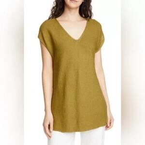 Eileen Fisher Organic Linen Cotton Blend Knit V-Neck Tunic Top Green Large